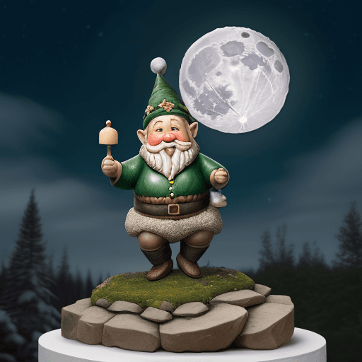 AI generated: one-legged northern forest gnome dancing at the full moon in the middle of the 12 statuettes wrapped...