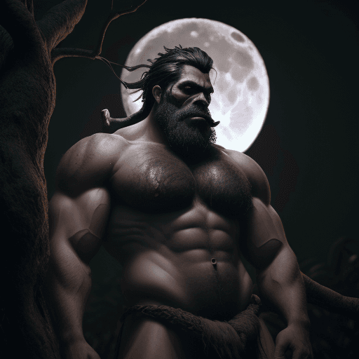 AI generated: Kapre, scary, dark hairy body and muscular giant smoking tobacco on a branch of a tree, full moon in...
