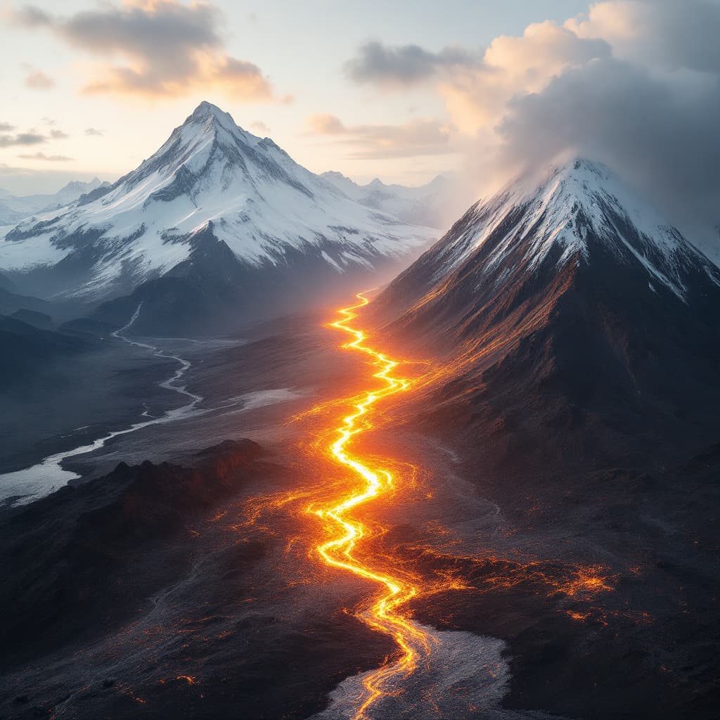 AI generated: A photo of a landscape with two massive mountains. The left mountain is an active volcano with a lav...