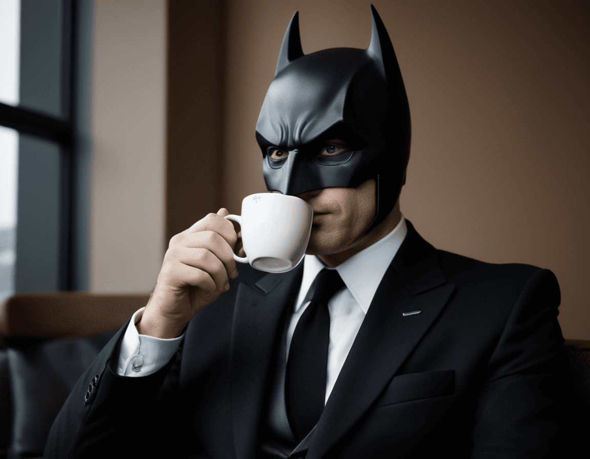 AI generated: a man in a suit wearing a batman costume drinking coffee,ultra realistic