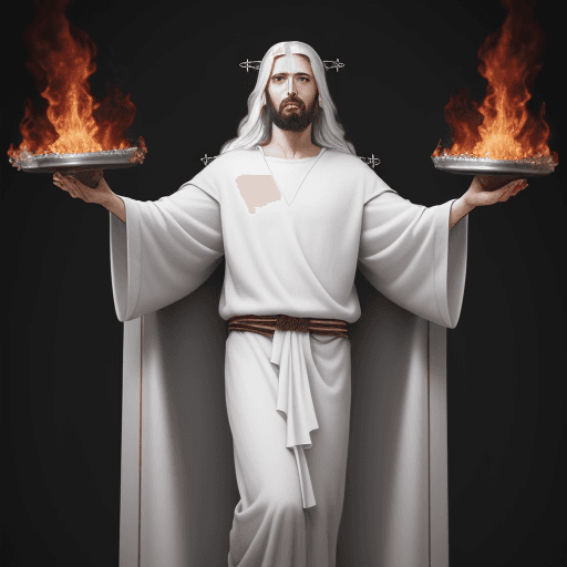AI generated: Photo of ultra realistic Jesus as high priest, with fire in the eyes, white hair, full body