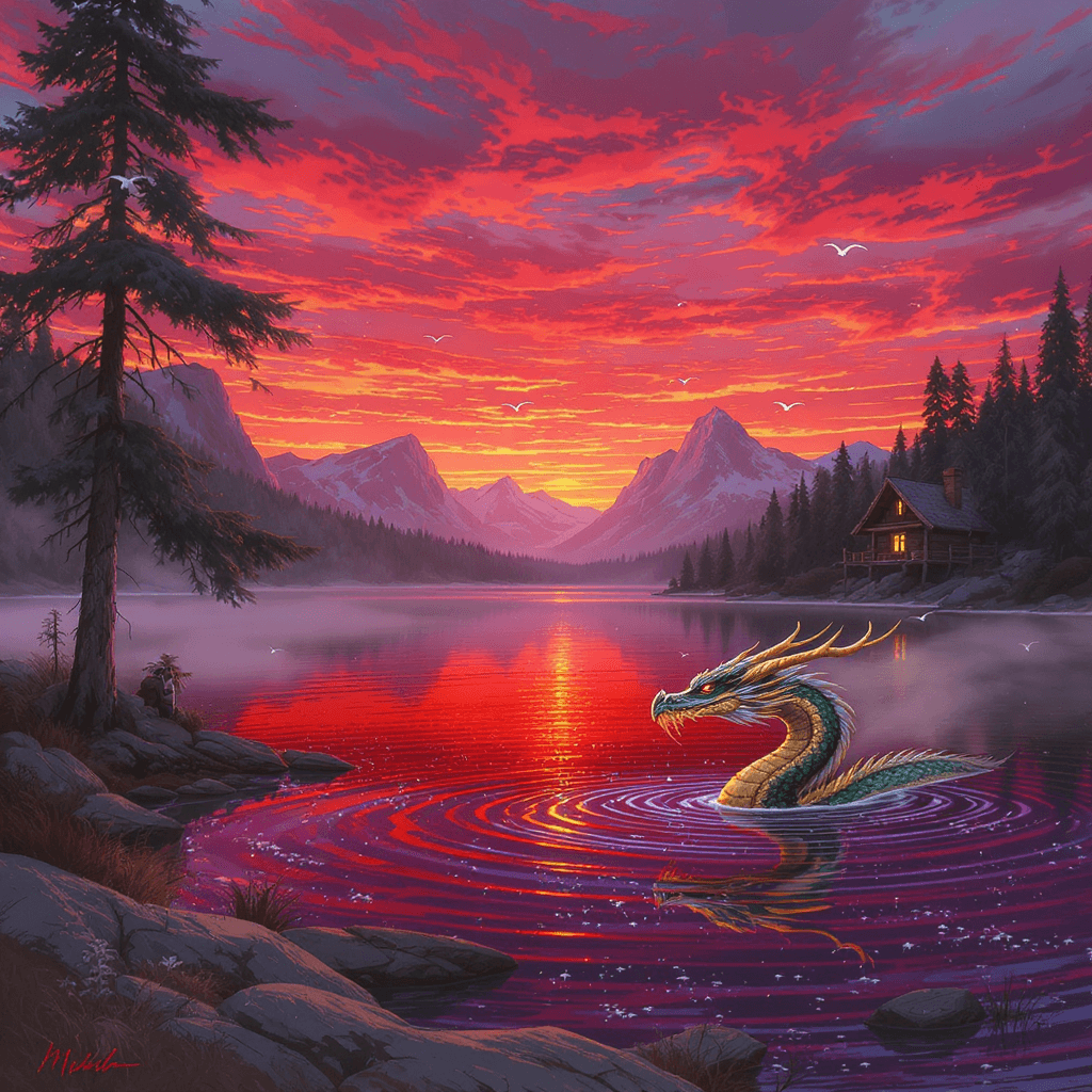AI generated: sunset, red and purple lake with ripples and surrounded by blue mountains in the distance, a slight ...