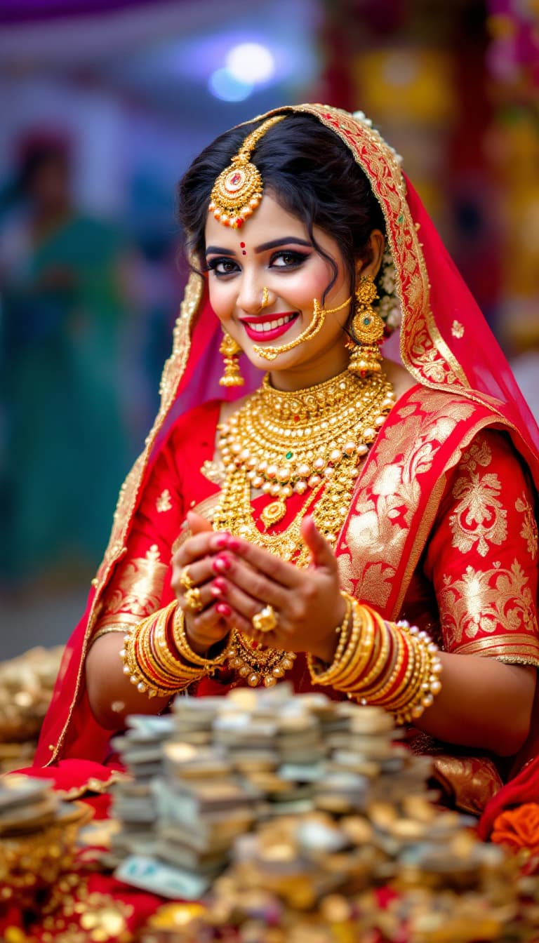 AI generated: Indian female wearing gold, share blessing, spread happiness, smile, gold and money  