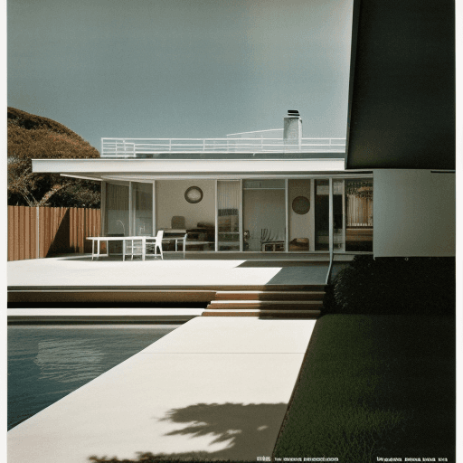 AI generated: Hyper realistic eye level exterior photo of a mid century modern style house overlooking the ocean, ...
