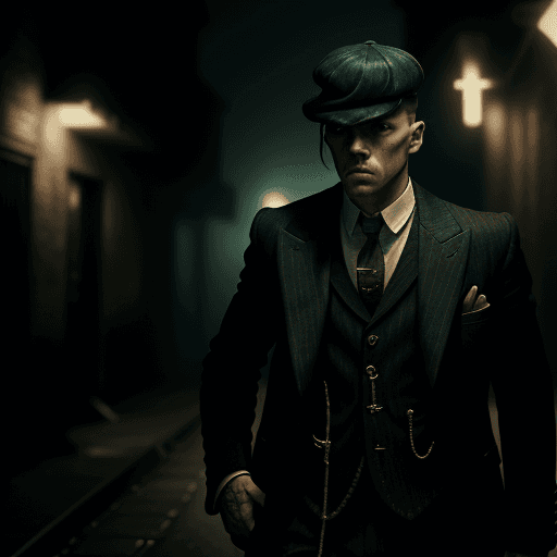 AI generated: (8k, RAW photo, highest quality) , hyperrealistic, Photo of a gang member from Peaky Blinders on a h...