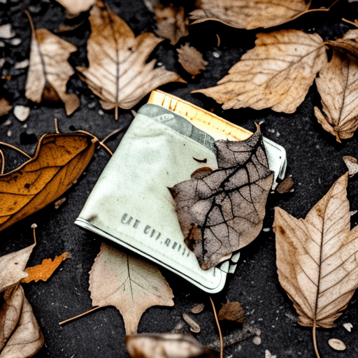 AI generated: Dry dusty leaves in the inside pockets of an abandoned wallet lying on the ground Style: goth