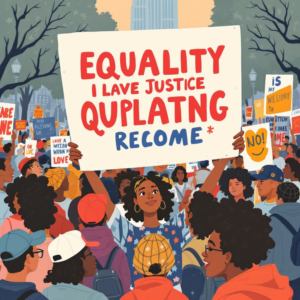 AI generated: 20240728153957list 2 Lofi illustration of a community rally with people holding 6 big poster advocat...