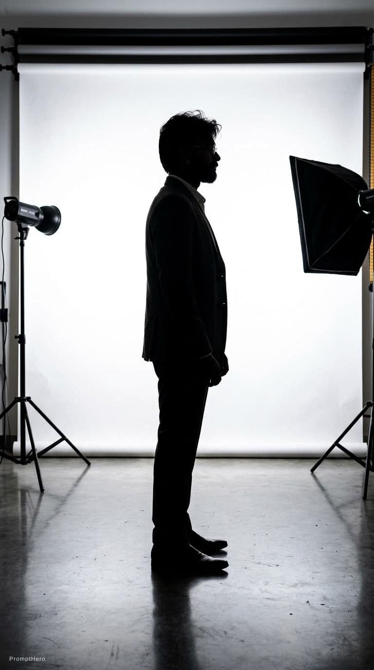 AI generated: Capture a male model's silhouette, white backdrop in photo studio, strong backlit lighting creating ...