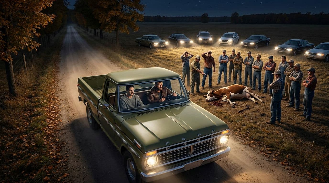 AI generated: In an Autumn night. the male muscular model is driving a vintage olive green Ford pick up truck. The...