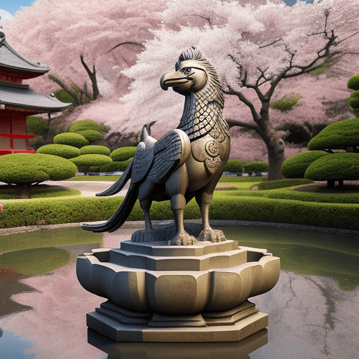 AI generated: the statue of a griffin, carved with Buddhist elements, in the center of a Japanese cherry blossom g...