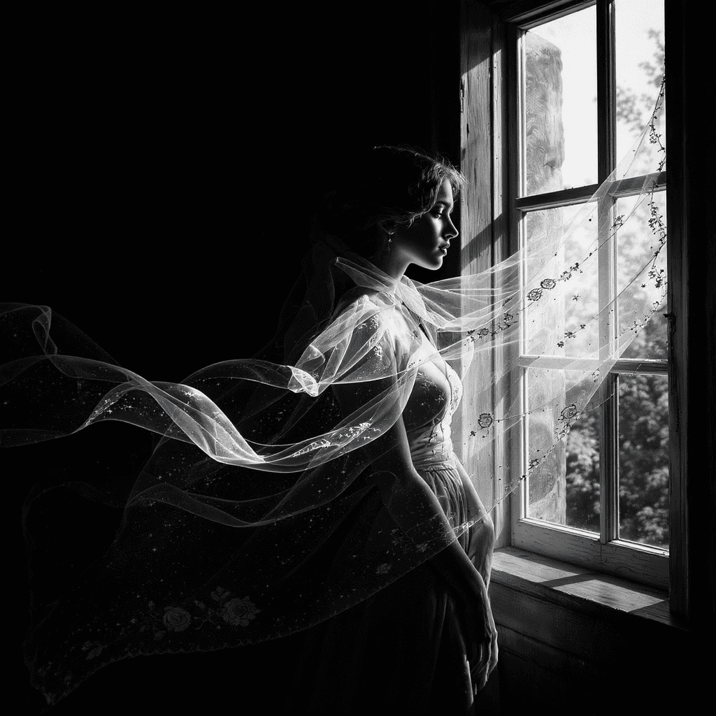 AI generated: A black and white illustration of a solitary woman standing by an open window, with a long sheer vei...