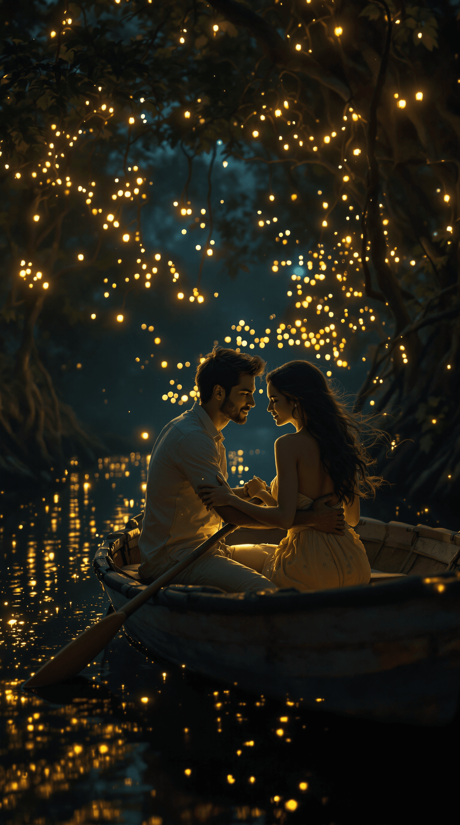 AI generated: a close-up, hyper-realistic photograph of a couple holding each other tenderly while seated in a bat...