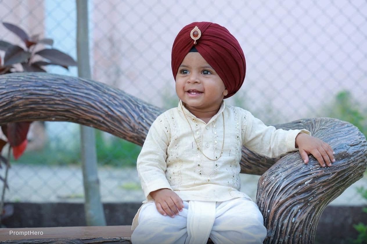 AI generated: a cute baby in haryanvi dress including dhoti kurta and pagdi 
