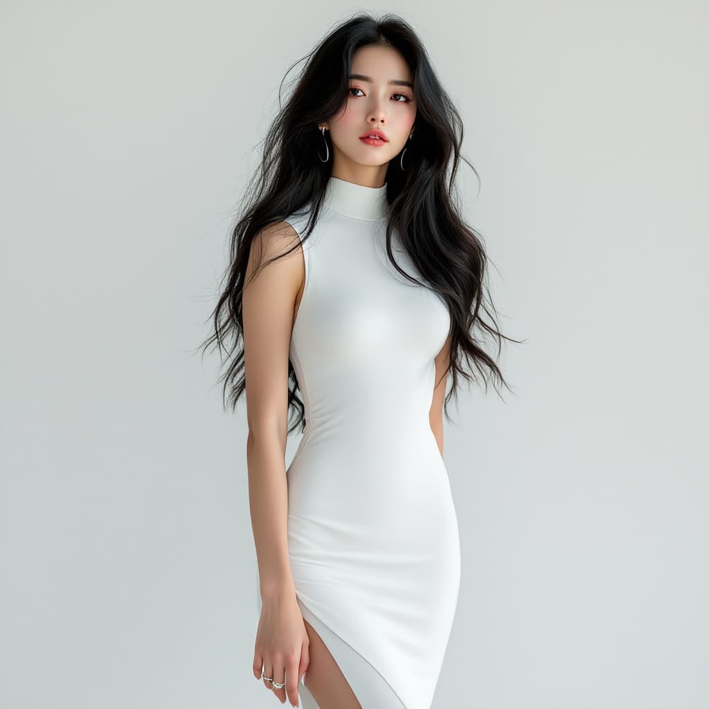 AI generated: Create an image of a young Korean model with waist-length black hair with beachy voluminous waves, c...