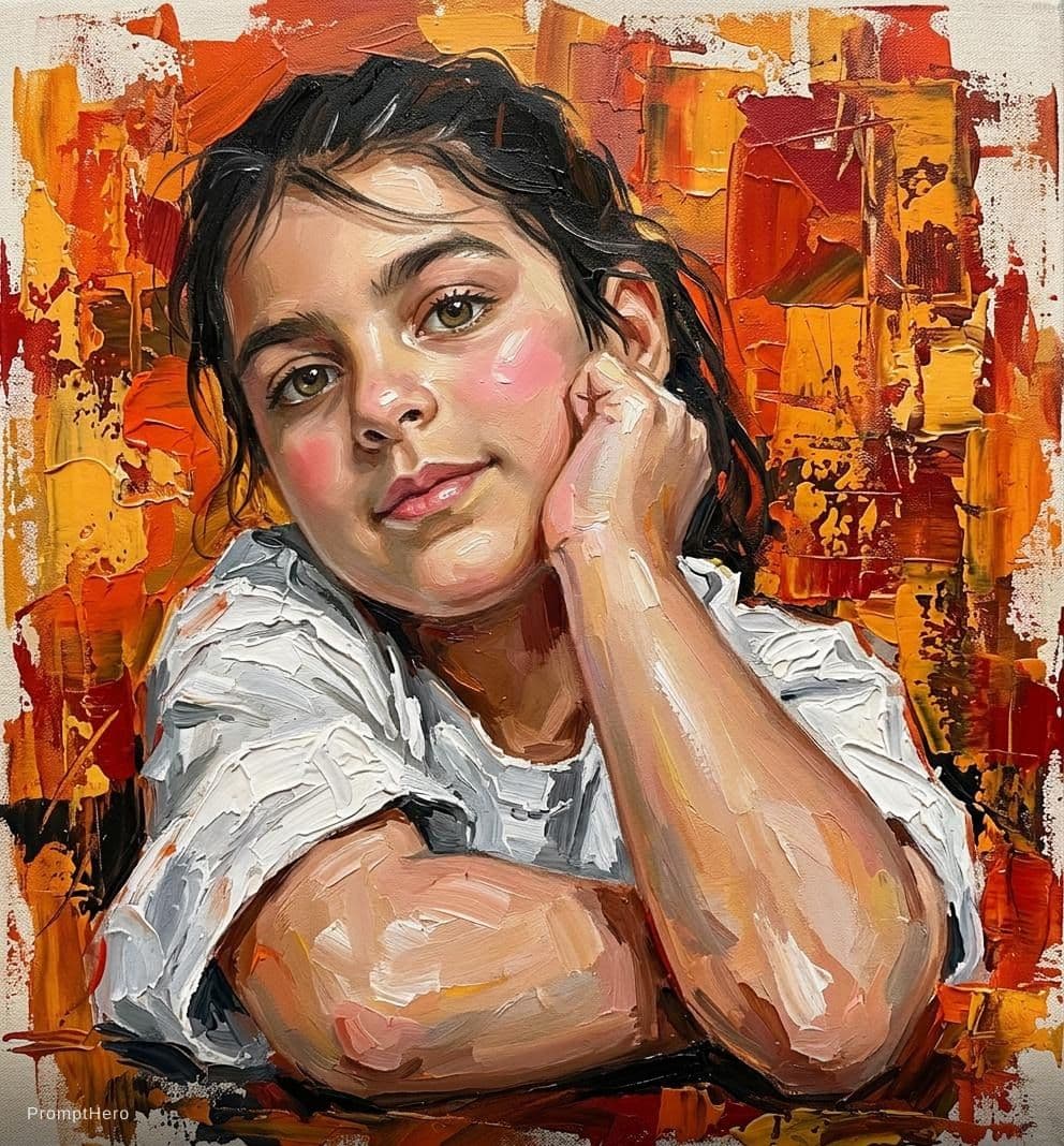 AI generated: Abtract expressionism: A detailed portrait of a young woman with dark brown hair loosely styled, haz...