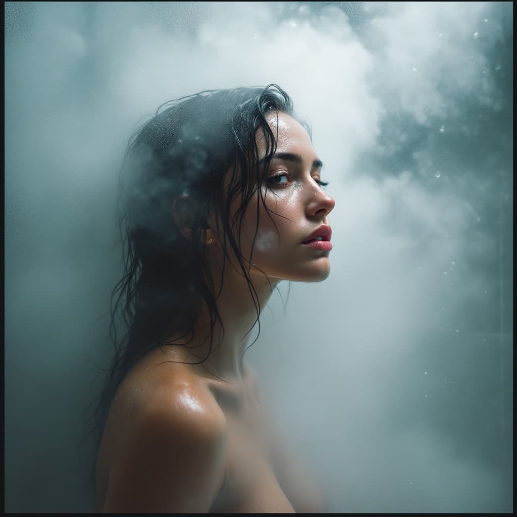 AI generated: Steam-filled bathroom, figure visible through frosted glass. Water droplets on skin, wet hair. Sensu...