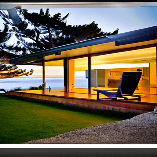 AI generated: Hyper realistic eye level exterior photo of a mid century modern style house overlooking the ocean, ...