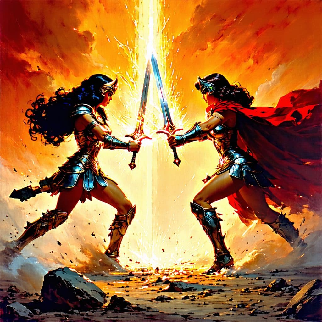 AI generated: 1980s-style fantasy illustration of She-Ra and Red Sonja in a dramatic sword clash, mid-battle, spar...