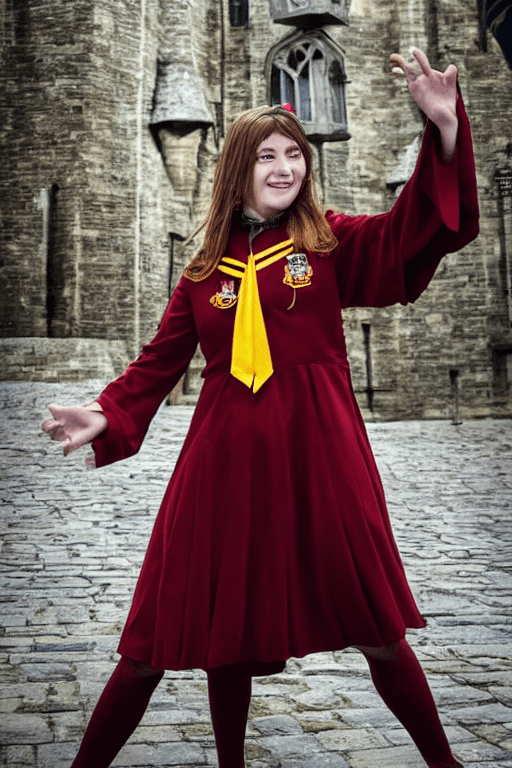 AI generated: flirting woman in gryffindor uniform, shirtlift, magical, hogwarts in background, (((full body visib...