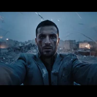 AI generated video: A cinematic, handheld, selfie-style medium shot set on an Israeli battlefield. Ballistic missiles ra...