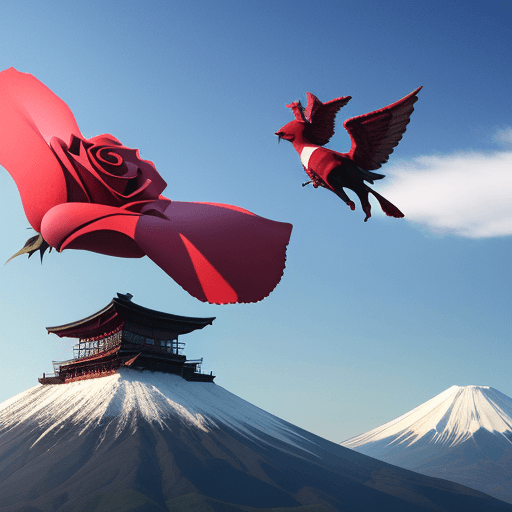 AI generated: The rose 3D flying on the Fuji mountain 
