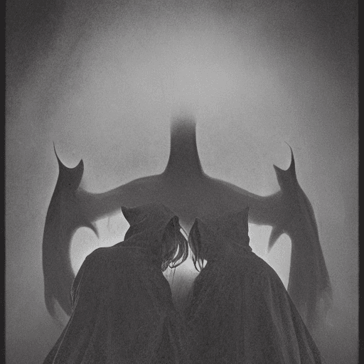 AI generated: 1900s photograph, black and white, 1920 , photograph of hooded cultists in circle worshipping Cthulh...