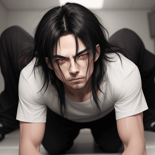 AI generated: 1boy, red_eye_color, black_hair, long_hair, messy_hair, bangs, hair_between_eyes, stubble, eyebrows_...