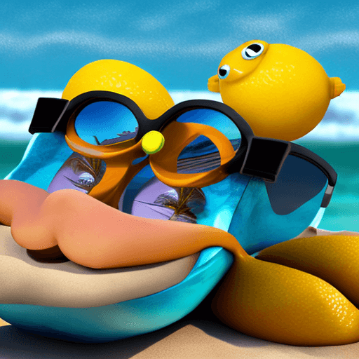 AI generated: A Pixar-style 3D lemon character relaxes on a sunny beach wearing sunglasses, against a backdrop of ...