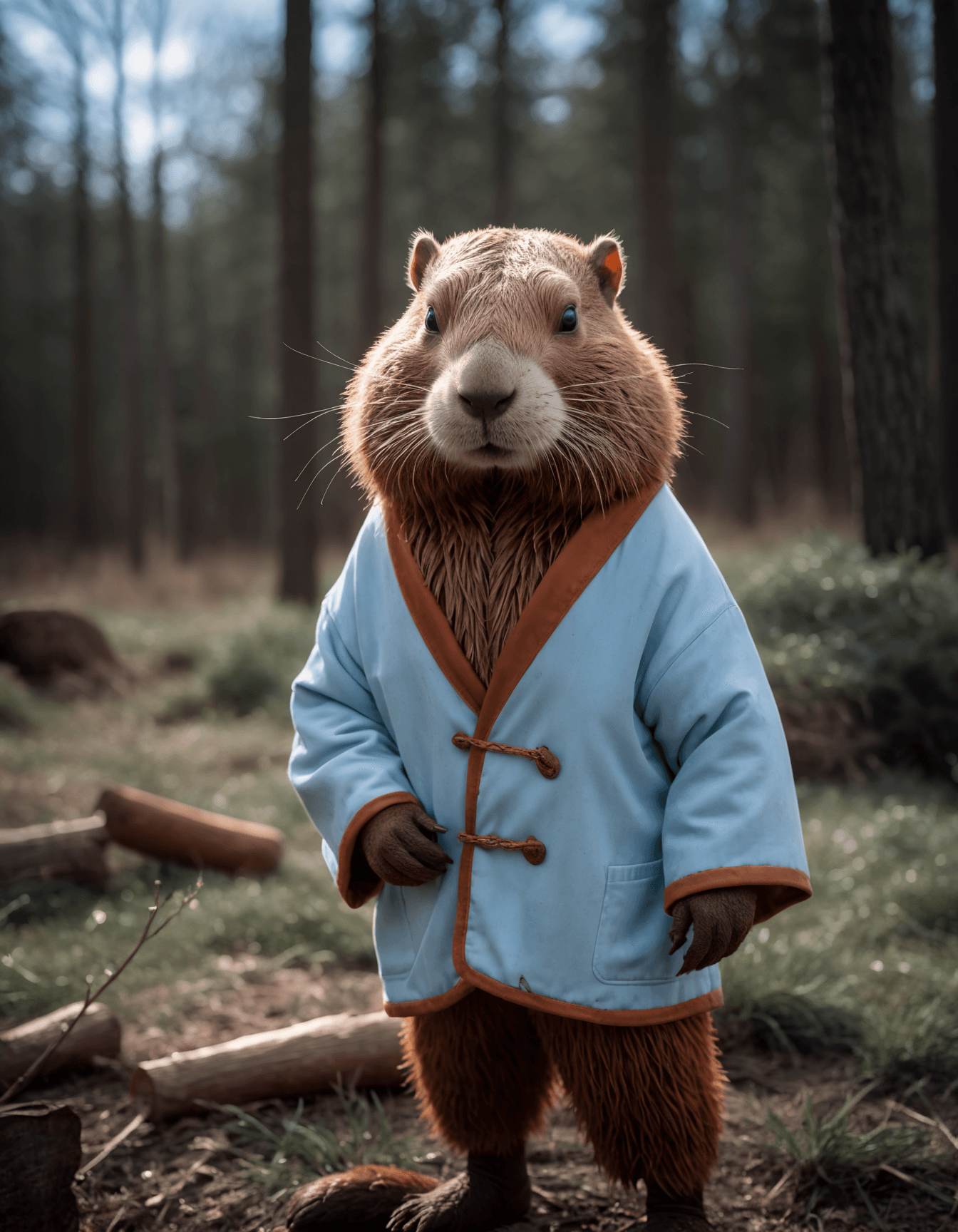 AI generated: cinematic film still awardwinning photo (cute light blue beaver:1.5), rust, epic, wearing merchant r...