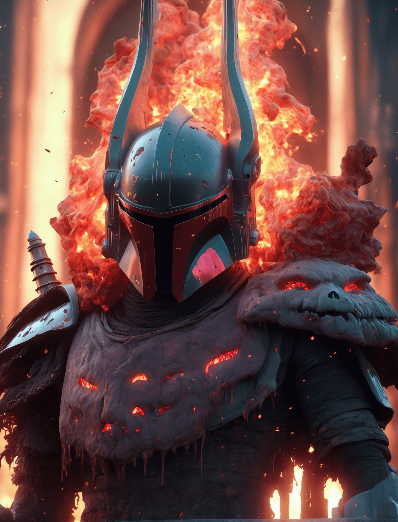 AI generated: High quality 3D portrait rendering of a Ghoul guarding the gates of Hell. Burning hellish skull, spa...