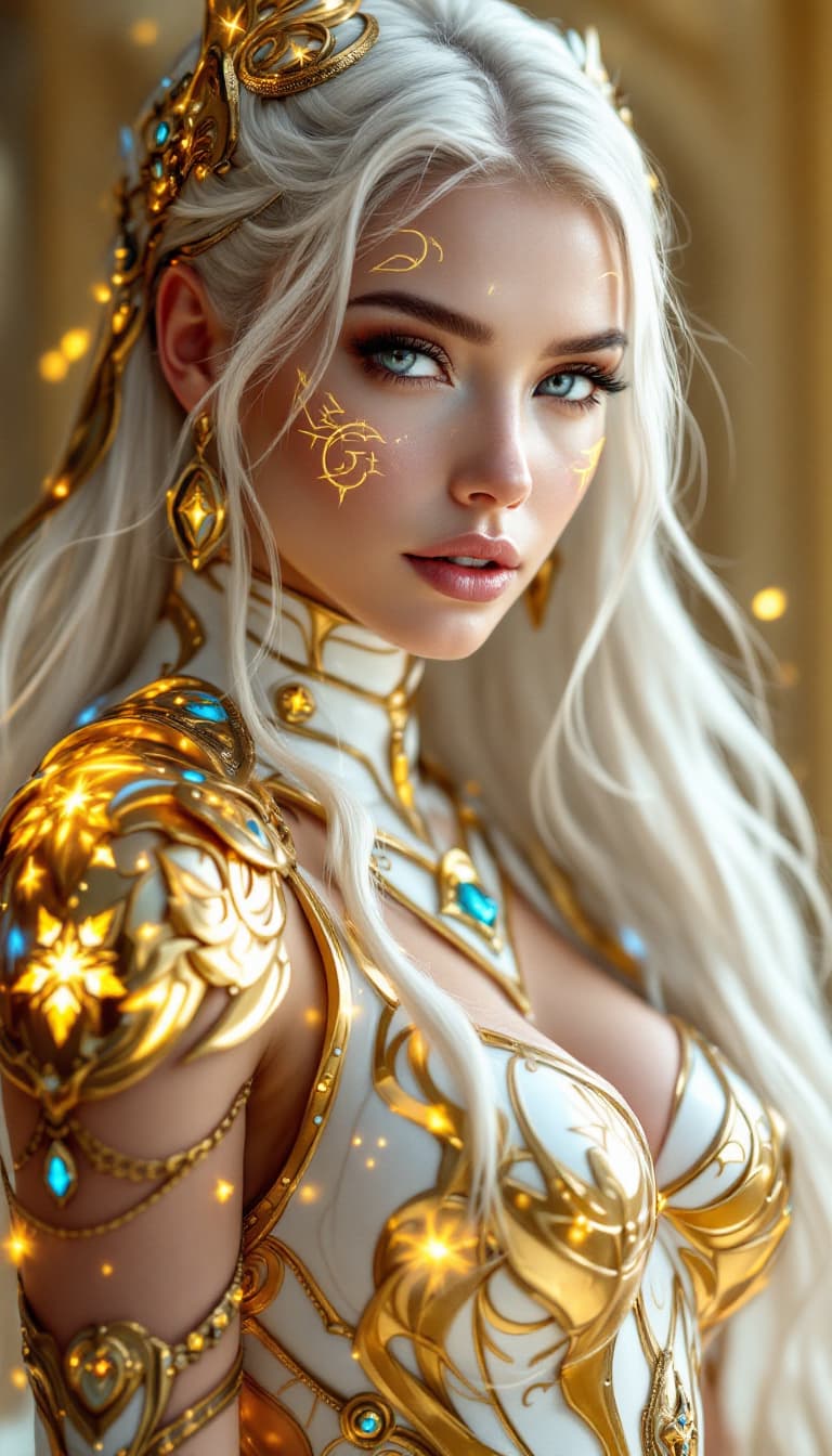 AI generated: An ultra-realistic, full-body portrait of a captivating celestial paladin woman, radiating divine st...