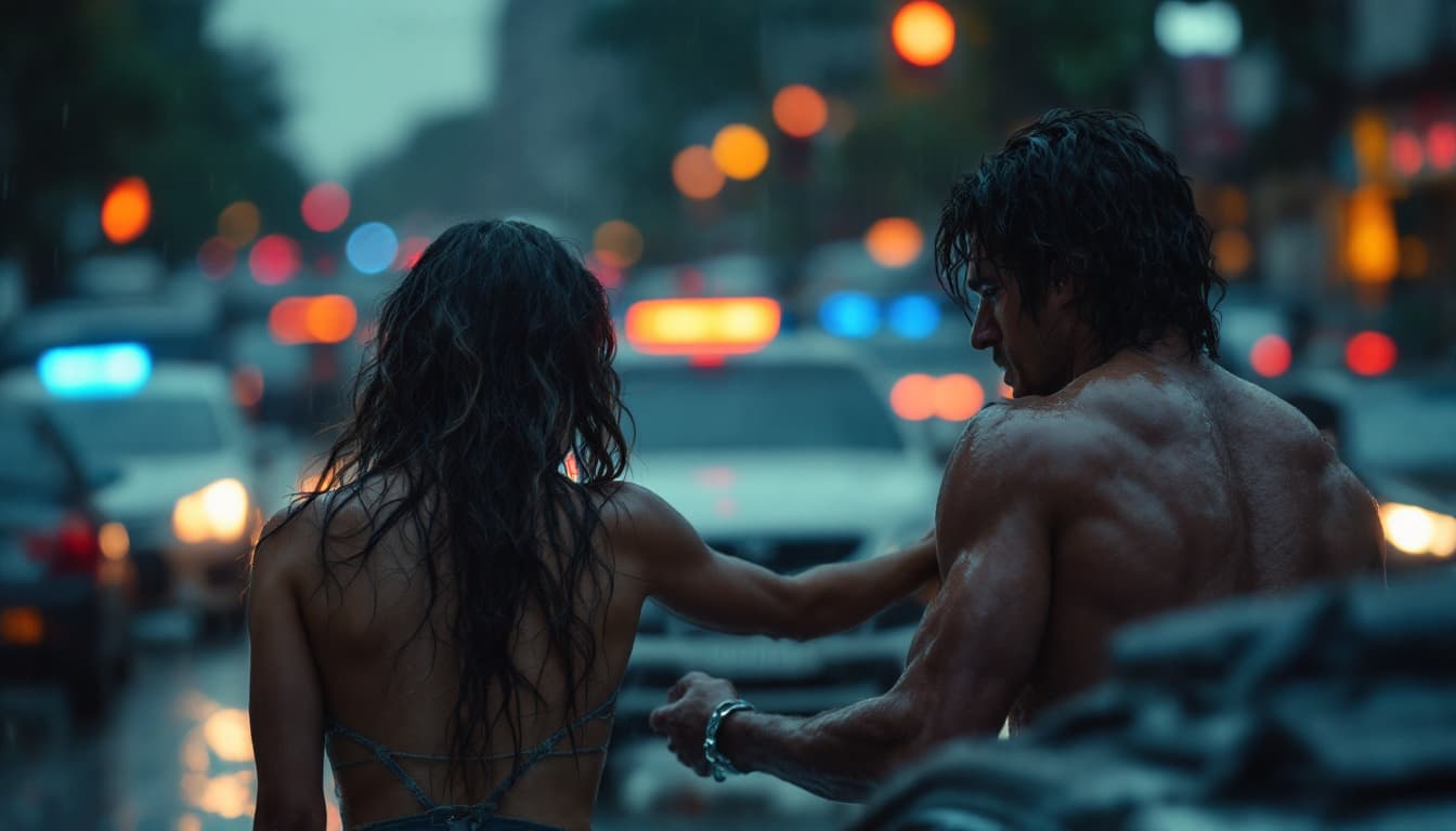 AI generated: dramatic emotional tension composition a bodybuilder with six pack and show body worn wet policeman ...