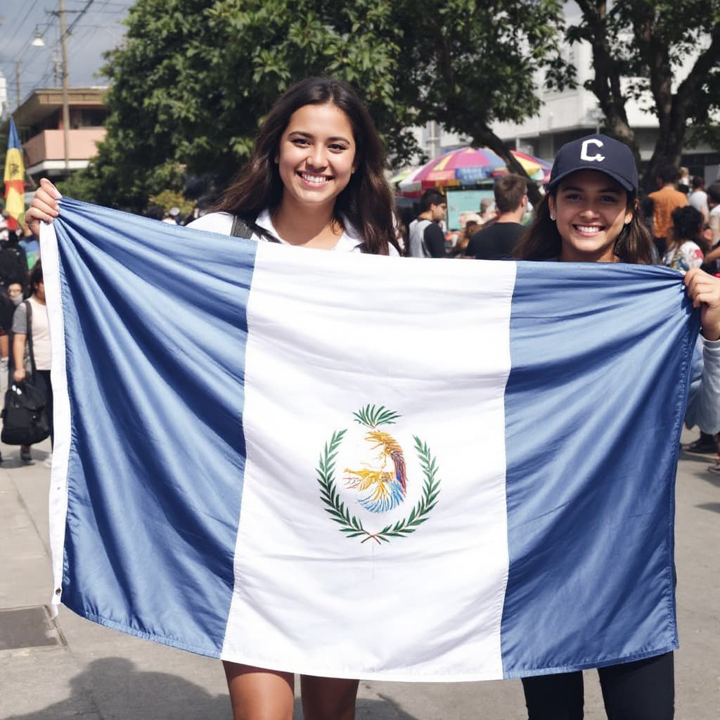 AI generated: A couple of students carrying the Guatemalan Flag.