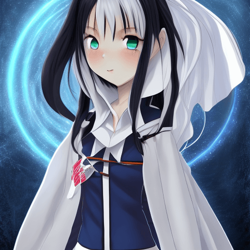 AI generated: Anime, girl, blue eyes, long black hair, shy expression, white skirt, white suit, bambietta basterbi...