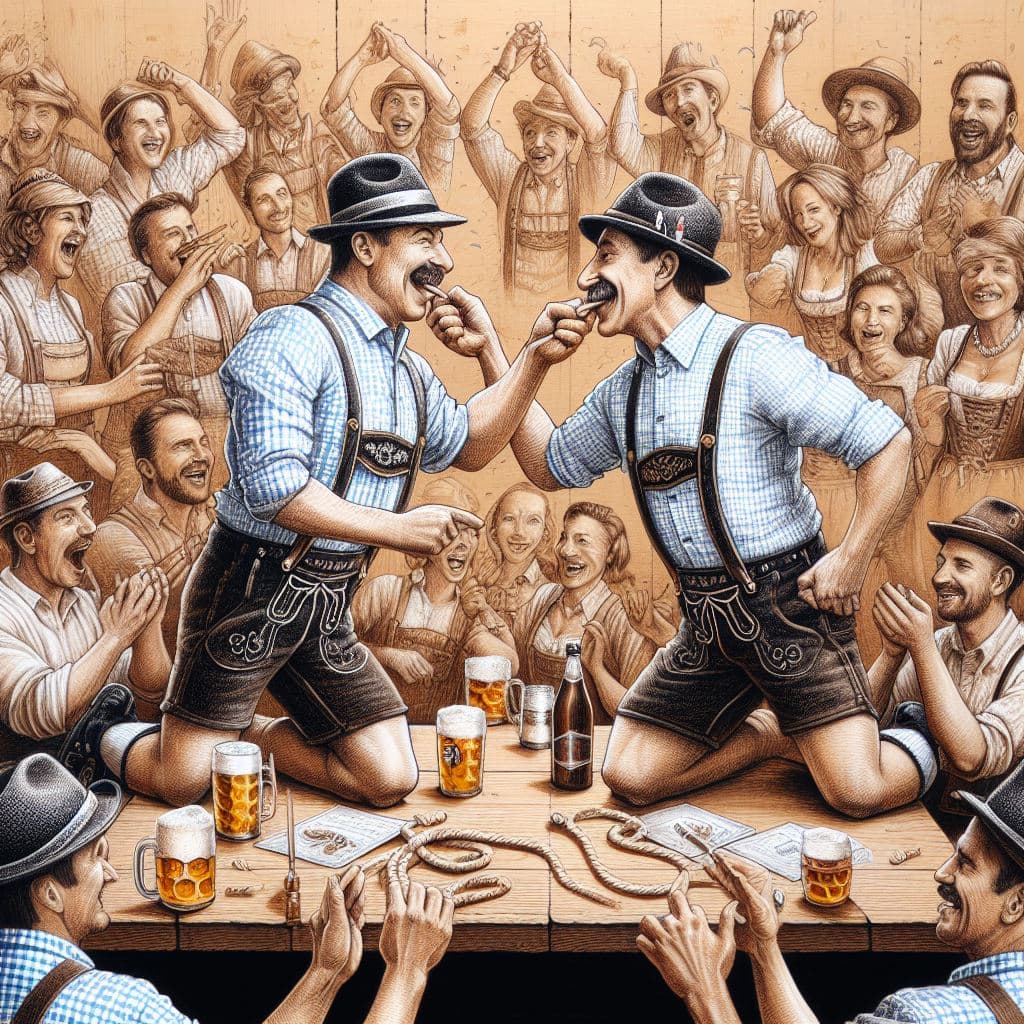 AI generated: Two Bavarians finger-wrestling, sketch