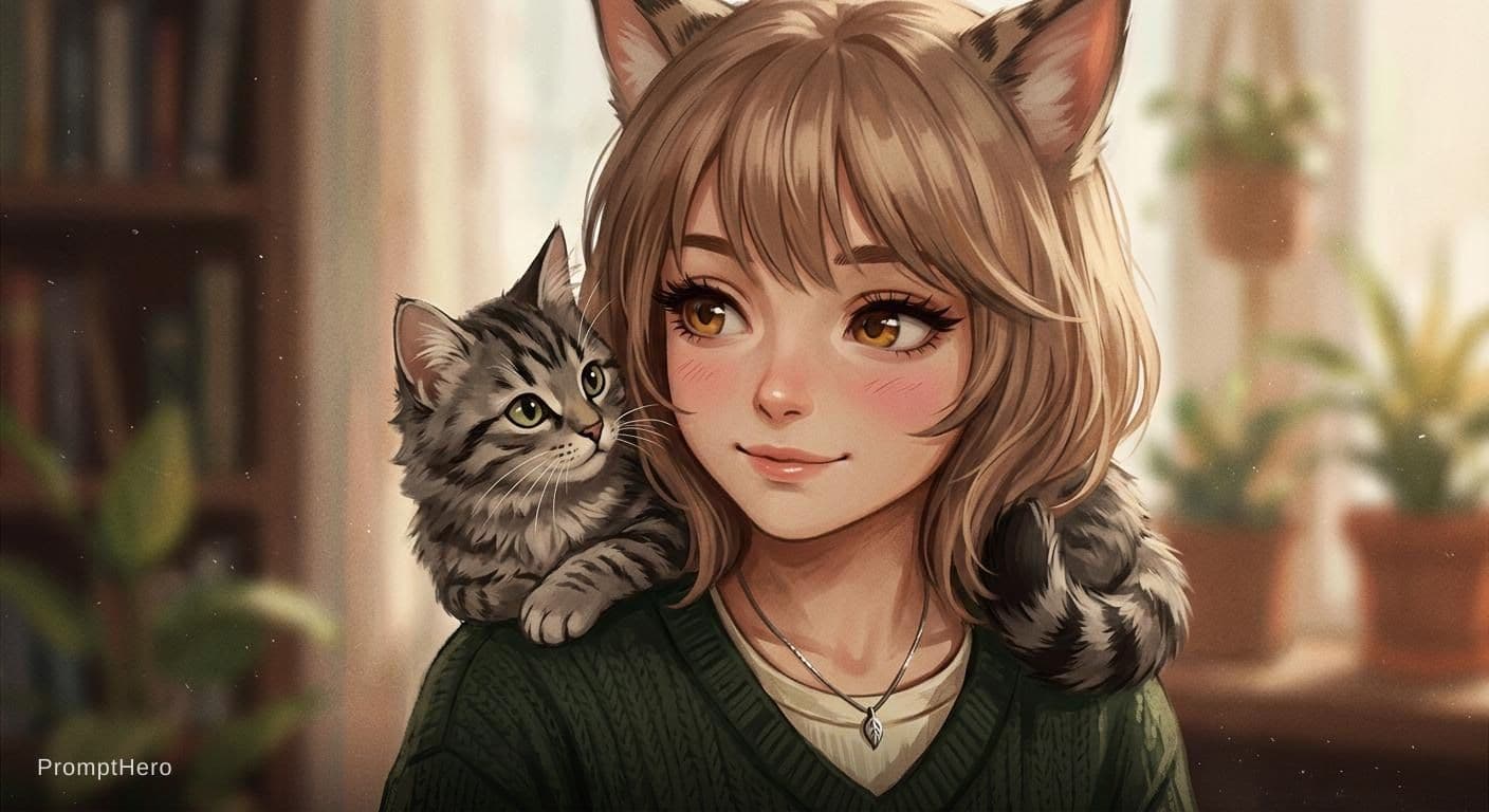 AI generated: a close up of a person with a cat on their shoulder, beautiful anime catgirl, anime catgirl, anime v...