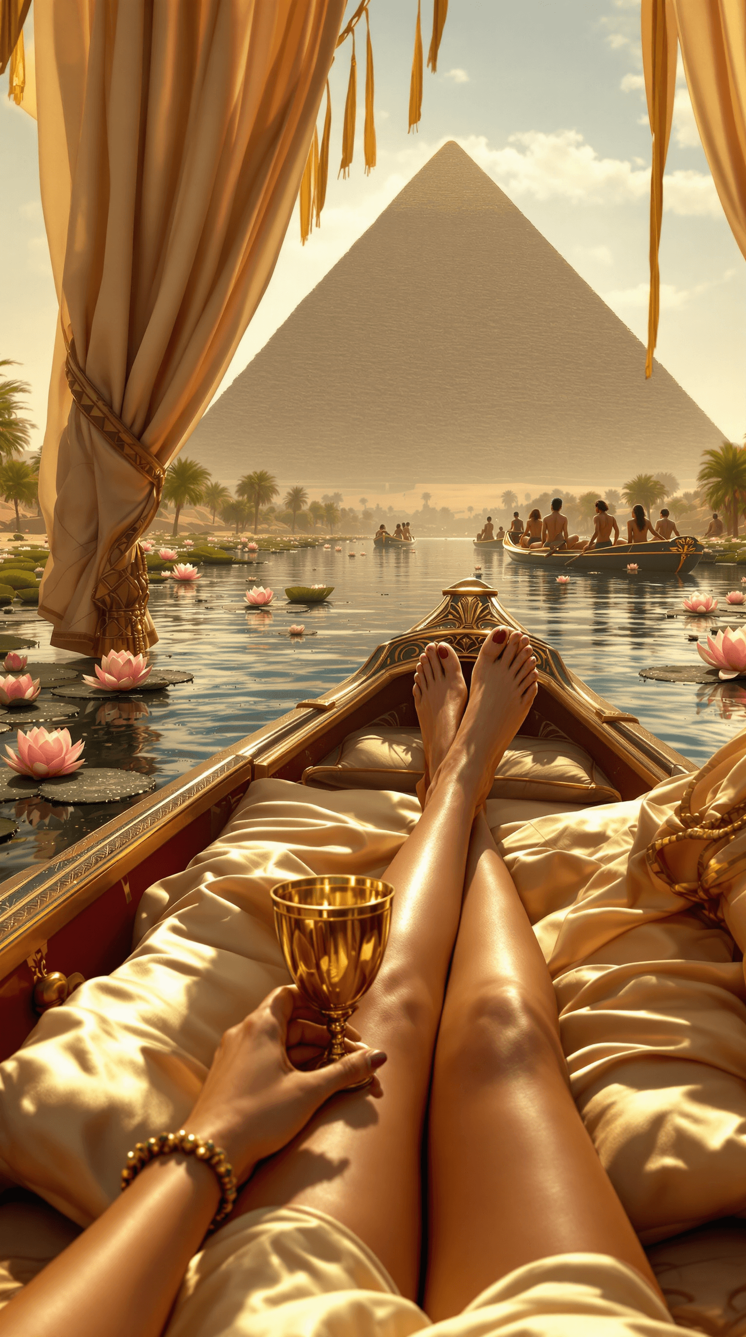 AI generated: A breathtaking, hyper-realistic first-person perspective of Cleopatra VII reclining on an opulent, s...