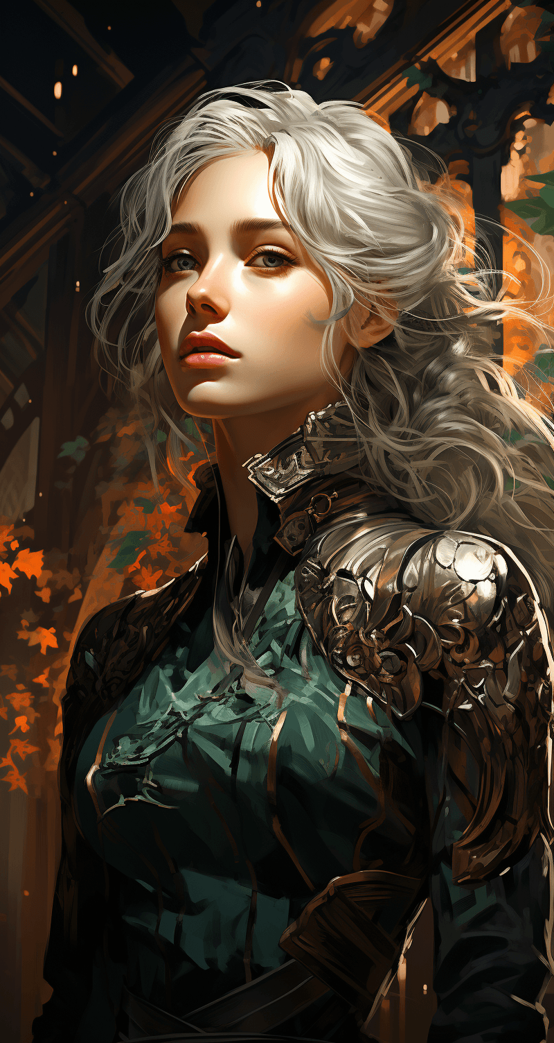AI generated: art nouveau painting of Dnd 5e female elf, beautiful face, silver hair, green cloak, slim build, fan...