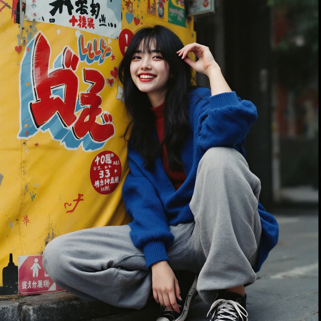AI generated: Japanese girl  realistic, female,  realistic,  black hair with long bangs, grinning , wearing red bo...