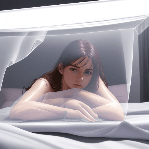 AI generated: Hyper realistic, she is lying in bed, an almost transparent sheet on top.