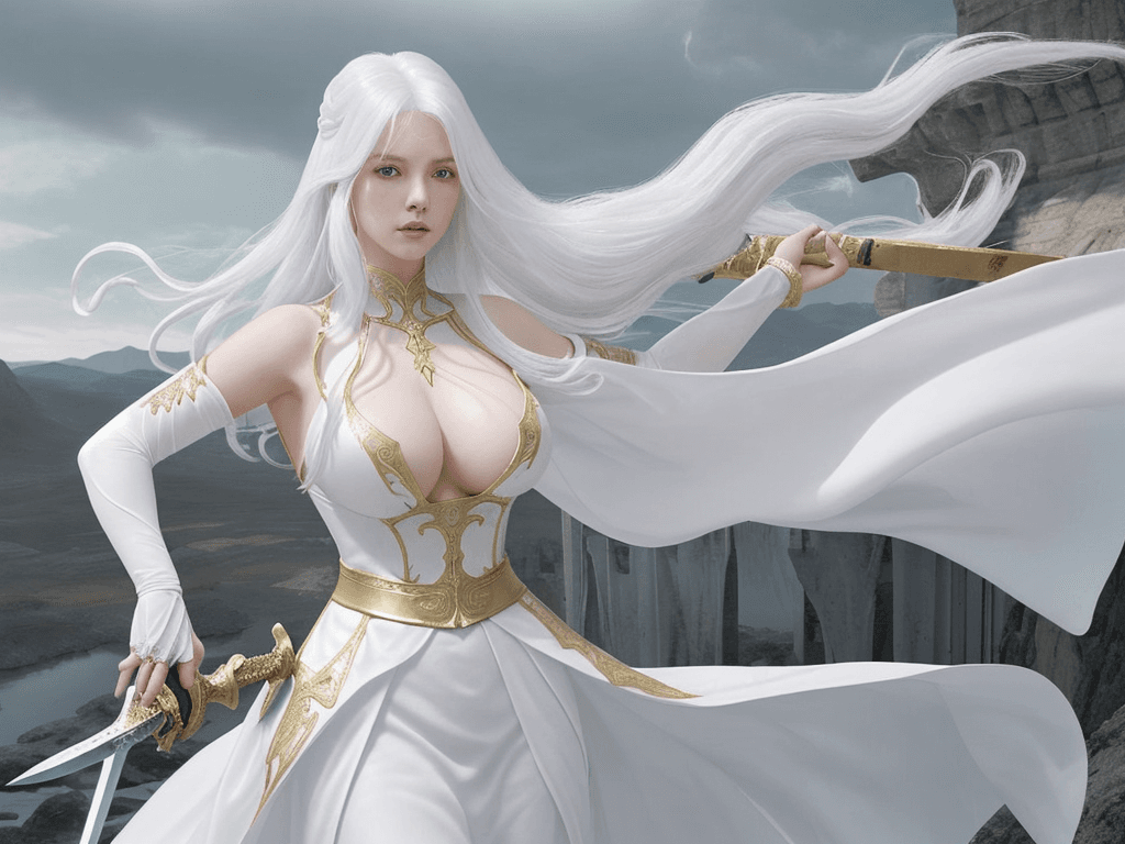 AI generated: a woman in a white dress holding a sword, with a fantasy landscape in the background. The woman has ...