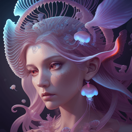 AI generated: Goddess close-up portrait ribcagel. jellyfish phoenix head, nautilus, orchid, skull, betta fish, bio...