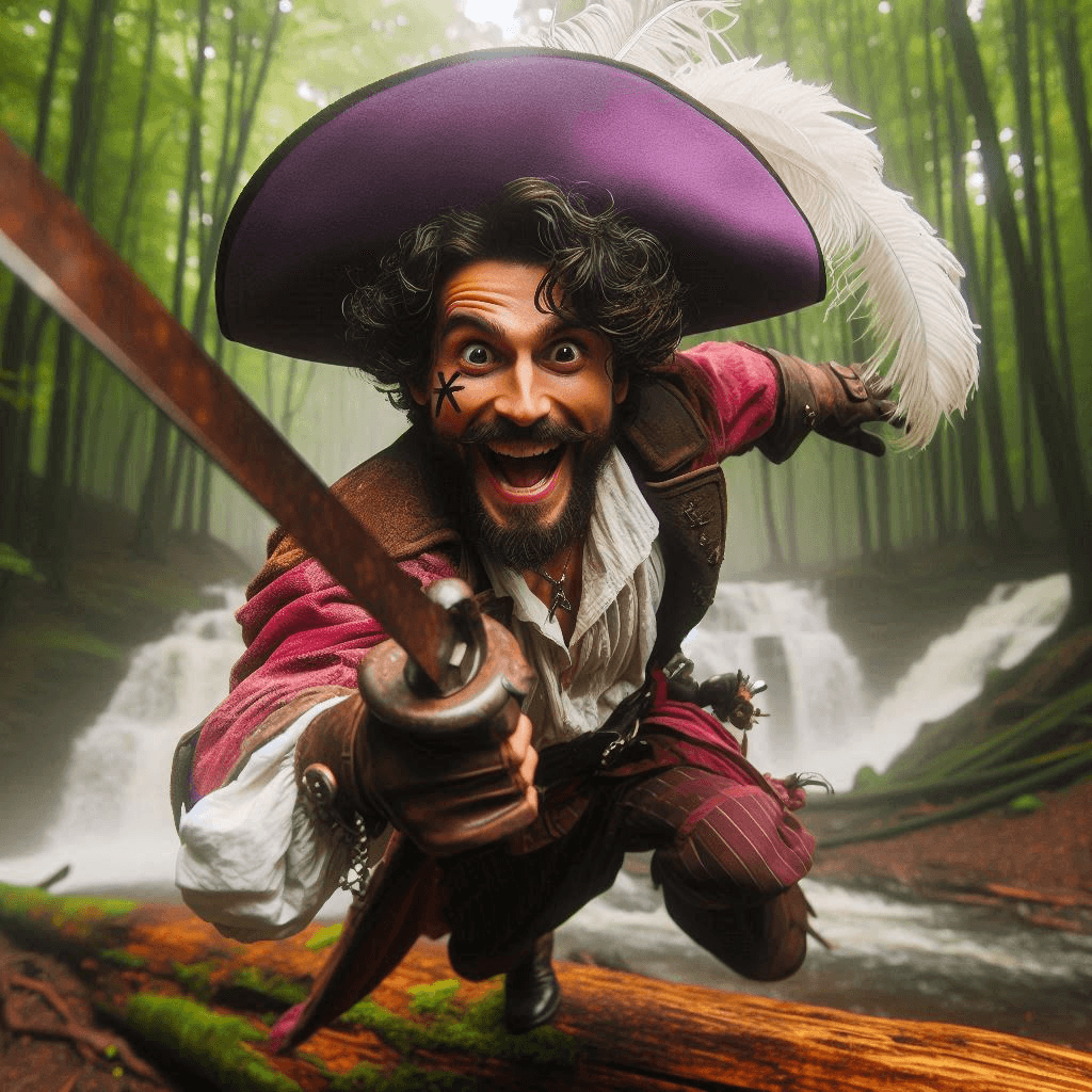 AI generated: Close-up professional cinematic photo of a Spanish pirate with black curly hair in a purple hat with...