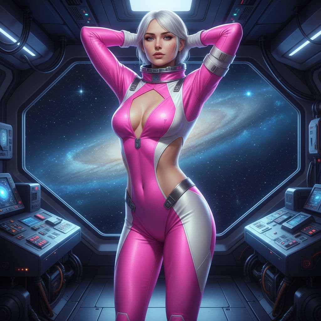 AI generated: A stunning futuristic depiction of Ciri astronaut aboard an advanced spacecraft, wearing a sleek, fo...
