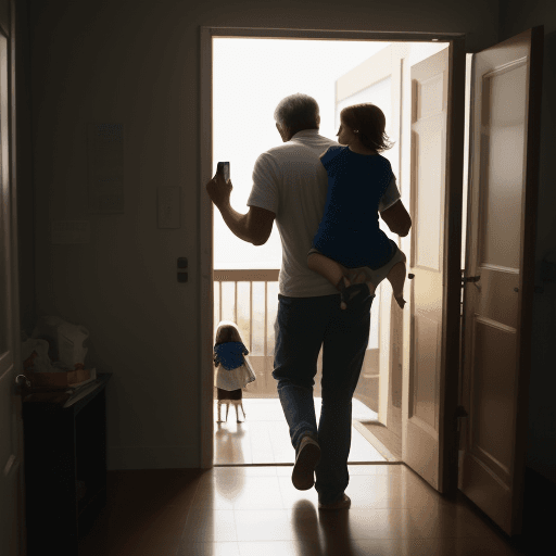 AI generated: A father rushes out of the house, late for work. His daughter rushes to see him off, but she's too l...