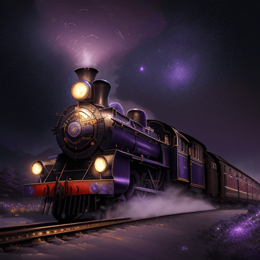 AI generated: Vintage steam train, Beautiful purple starry night, concept art, 4 k, light dust, illustration, hear...