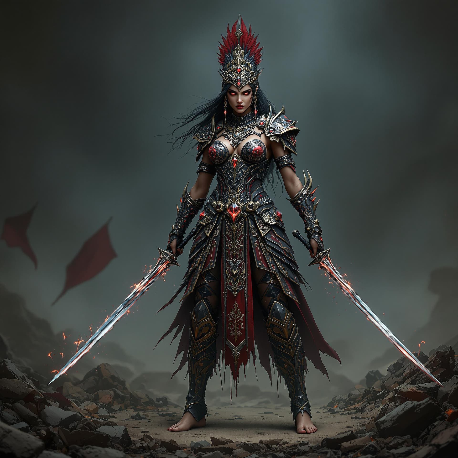 AI generated: Full body view A beautiful, brave, indian woman as a towering, battle-hardened Indian warrior, in a ...