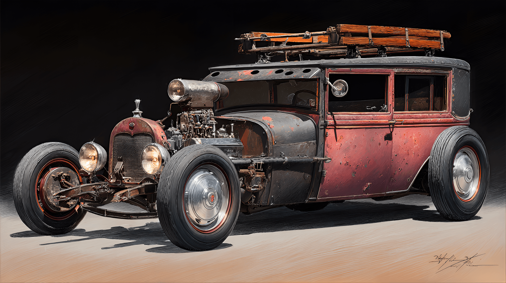 AI generated: Rusty, custom-built hot rod, vintage 1920s style, low profile, side view, dark charcoal gray and red...
