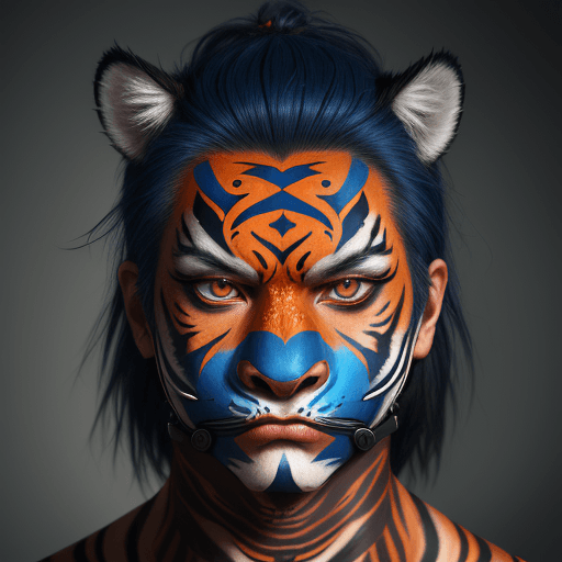 AI generated: Ultra realistic style, portrait of man wearing face mask, tribal tiger makeup, blue on red, front pr...