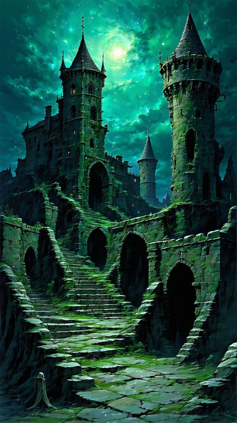 AI generated: Necromancy,Medieval Town,Decaying Architecture,Eldritch Horror,Zombie-like Inhabitants,Cosmic Terror...